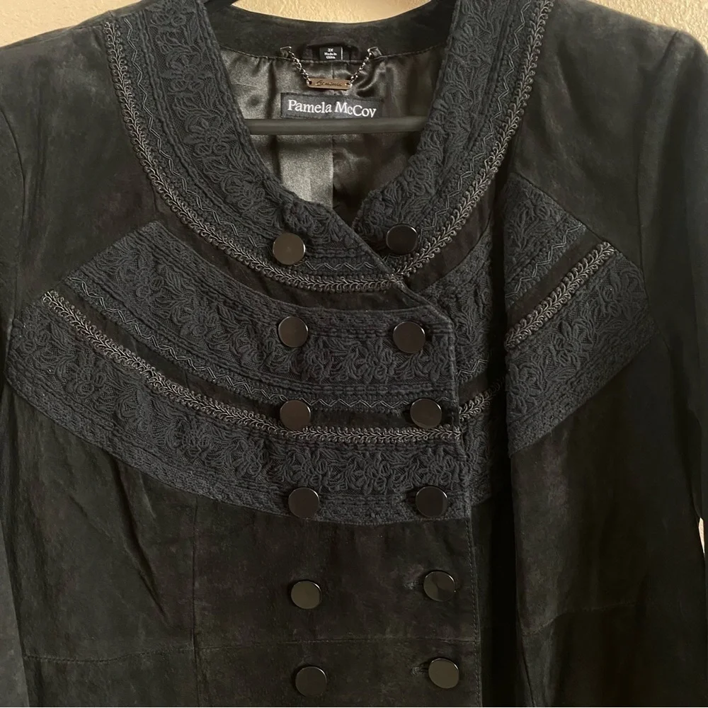 Pamela McCoy Womens Size 3X Black Crochet‎ Suede Leather Military Jacket Coat
